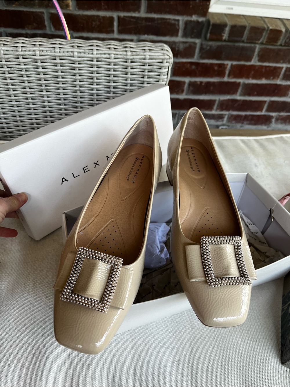 Alexandre Birman Beige Patent Leather Crystal Buckle Flats